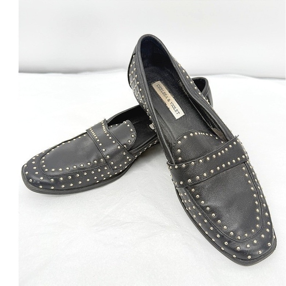 Chelsea & Violet Penny Loafers Black Leather Silver Studded Flat Dress Shoes 8